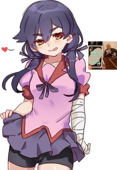 Rule 34 | 1girl, arm at side, bandaged arm, bandages, bike shorts, bike shorts under skirt, black shorts, blush, bow, bowtie, breasts, brown eyes, clothes lift, collarbone, commentary, cowboy shot, eyelashes, hair between eyes, hair over shoulder, hair ribbon, heart, highres, imminent uno loss (meme), kanbaru suruga, licking lips, lifting own clothes, long hair, looking at viewer, low twintails, medium breasts, meme, monogatari (series), naoetsu high school uniform, naughty face, neck ribbon, photo inset, pink shirt, pleated skirt, puffy short sleeves, puffy sleeves, purple bow, purple bowtie, purple hair, purple ribbon, purple skirt, red trim, ribbon, school uniform, shirt, short sleeves, shorts, skirt, skirt lift, solo focus, spoken heart, standing, summer uniform, teasing, thick eyebrows, thigh gap, tongue, tongue out, translated, tsugumi (tgm 615486), twintails, untranslatable commentary, white background