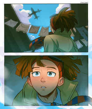 1boy 2koma aircraft airplane artist_name blue_eyes blue_sky boku_no_hero_academia brown_hair brown_jacket chalseu cloud comic commentary english_commentary eyewear_on_head highres jacket jet looking_up male_focus necktie nose rody_soul signature silent_comic sky solo striped_necktie sunglasses two-tone_necktie