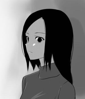 1girl black_eyes black_hair black_sweater empty_eyes expressionless from_side grey_background greyscale high_collar highres long_hair monochrome parted_bangs portrait shibasawa_yuri shounen_no_abyss simple_background solo sweater turtleneck turtleneck_sweater two-tone_background viperxtr white_background
