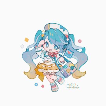 1girl :d arm_up bag blonde_hair blue_eyes blue_hair bow bowtie bright_pupils chibi chibi_only flag full_body gradient_hair hashtag-only_commentary hat hatsune_miku highres holding holding_flag kanae_(cookie) long_hair long_sleeves looking_at_viewer magical_mirai_(vocaloid) magical_mirai_miku magical_mirai_miku_(2024) multicolored_hair open_mouth red_bow red_bowtie shirt shoes shorts simple_background skirt smile socks solo standing standing_on_one_leg striped_bow striped_bowtie striped_clothes twintails very_long_hair vocaloid white_background white_hat white_pupils white_shirt white_shoes white_shorts white_socks yellow_skirt