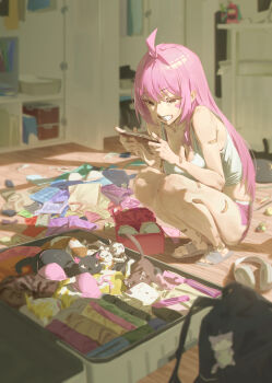 1girl absurdres ahoge backpack bag bandaid bandaid_on_arm bandaid_on_leg black_cat box bra breasts brown_cat cat cat_teaser cleavage clothes_on_floor clutter commentary cropped_shirt flip-flops full_body hair_intakes handheld_game_console happy headphones headphones_removed heart heart_sticker highres indoors jhigf large_breasts long_hair looking_at_object micro_shorts multiple_cats original packing_suitcase pink_bra pink_hair sandals shirt shorts smile solo squatting sticker sticker_on_face stuffed_animal stuffed_toy suitcase teeth underwear untranslatable_commentary white_bra white_shirt