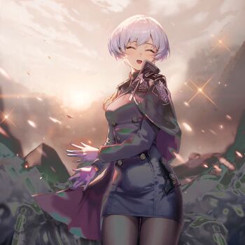 1girl adjusting_clothes adjusting_gloves aiguillette black_pantyhose buttons cape closed_eyes colored_inner_hair destruction dress dutch_angle epaulettes gloves goddess_of_victory:_nikke hair_over_eyes happy jewelry liliweiss_(nikke) military_uniform multicolored_hair neu_(musyoku-neet) official_art open_mouth pantyhose rapture_(nikke) ribbon short_hair smile star-shaped_pupils star_(symbol) strap symbol-shaped_pupils two-tone_cape white_gloves white_hair white_ribbon