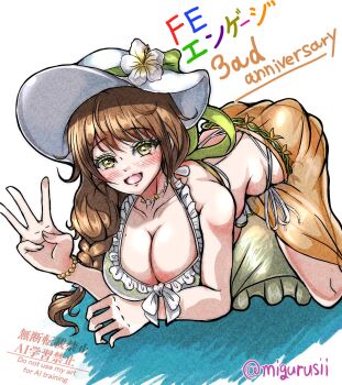 bikini braid breasts brown_hair cleavage fire_emblem fire_emblem_engage fire_emblem_heroes goldmary_(fire_emblem) goldmary_(summer)_(fire_emblem) hat large_breasts long_hair migurusii nintendo official_art swimsuit