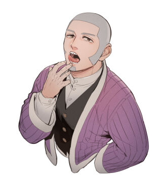 Rule 34 | 1boy, black jacket, brown eyes, buzz cut, commentary request, cropped legs, foxvulpine, golden kamuy, grey hair, jacket, long sleeves, looking at viewer, male focus, mature male, open mouth, saliva, sharp teeth, shiraishi yoshitake, shirt, short hair, simple background, solo, teeth, tongue, tongue out, very short hair, white background, white shirt
