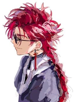 Rule 34 | 1boy, black coat, black shirt, braid, braided ponytail, closed eyes, closed mouth, coat, coat on shoulders, collared shirt, commentary request, earrings, from side, jewelry, long hair, male focus, profile, red hair, shiguang dailiren, shirt, simple background, single braid, sketch, smile, solo, sunglasses, tassel, tassel earrings, turtleneck, tyoookozuki, undershirt, upper body, white background, white shirt, xiao weiying