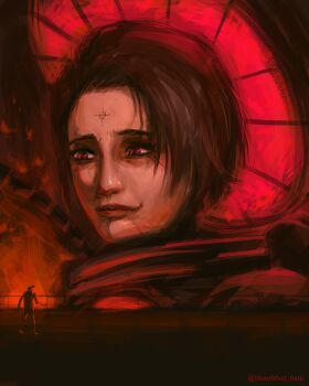 1boy 1girl @_(symbol) absurdres artist_name bloodshot_hare brown_hair camera_man_(character) commentary duchess_astro_toilet english_commentary evil_smile facial_mark forehead_mark giant giantess glowing glowing_halo halo highres iron_halo looking_at_another looking_down red_eyes red_halo size_difference skibidi_toilet_(series) smile smirk tendril tendrils_from_back