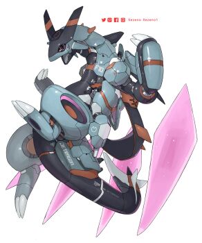 artist_name character_name claws commentary crystal english_commentary facebook_logo fins floating full_body highres instagram_logo jetragon mechanization no_humans non-humanoid_robot open_mouth pal_(creature) palworld pixiv_logo robot robot_animal science_fiction simple_background tail twitter_logo white_background xezeno