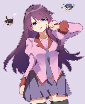 Rule 34 | 1boy, 2girls, absurdres, araragi koyomi, bakemonogatari, blue eyes, blue skirt, breasts, half-closed eyes, highres, holding, holding pencil, kanbaru suruga, long hair, long sleeves, medium breasts, monogatari (series), multiple girls, naoetsu high school uniform, necktie, open mouth, pencil, pink shirt, puffy sleeves, purple background, purple hair, purple necktie, school uniform, senjougahara hitagi, shirt, skirt, tsugumi (tgm 615486)
