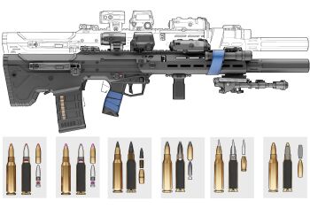 7n39 absurdres ammunition bullet bullpup commentary english_commentary fb_msbs_grot gun highres magazine_(weapon) no_humans original rifle scope shell_casing suppressor weapon