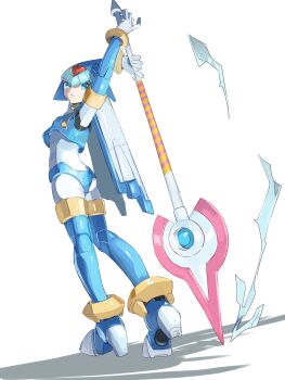1girl absurdres android blue_eyes blue_pupils boots commentary_request fairy_leviathan_(mega_man) full_body high_heel_boots high_heels highres holding holding_weapon mega_man_(series) mega_man_zero_(series) omochi_(mochi_skymega) polearm simple_background solo standing weapon white_background