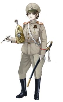 1girl black_boots boots breast_pocket breasts brown_hair cavalry_helmet cigarette cigarette_holder clenched_teeth cockade cross_pendant double-headed_eagle full_body gloves gold_buttons grey_eyes grey_jacket hat helmet highres holding holding_cigarette holding_headgear holding_unworn_helmet imperial_insignia imperial_russian_army imperial_russian_flag jacket katyusha_(98269886) long_sleeves looking_at_viewer medium_breasts military military_uniform original peaked_cap pocket ribbon_of_saint_george russia russian_empire saber_(weapon) sash scabbard sheath short_hair shoulder_belt shoulder_boards solo standing sword sword_knot teeth two-headed_eagle unworn_helmet waist_sash weapon white_gloves white_sash world_war_i