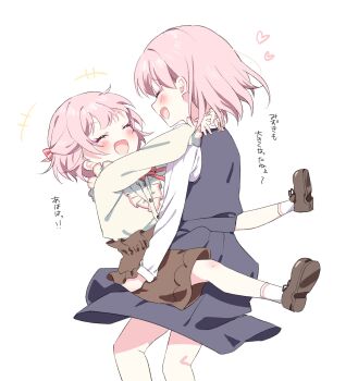 +++ 1boy 1girl aged_down akiyama_mizuki akiyama_yuuki arms_around_neck bad_id bad_twitter_id brown_shoes buttons carrying carrying_person child closed_eyes facing_another heart highres long_sleeves mizu_non_(non) open_mouth pink_hair project_sekai shoelaces shoes siblings simple_background skirt smile socks translation_request white_background white_socks