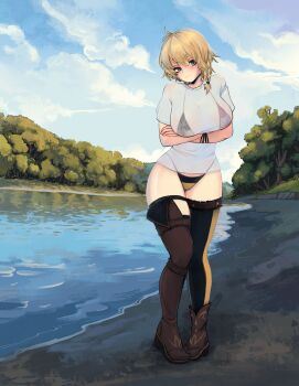 1girl absurdres archirai asymmetrical_sidelocks beach bikini bird black_hair blonde_hair blue_sky blunt_bangs boots breasts cloud cloudy_sky commission crossed_arms day flag_print flag_print_bikini forest from_behind full_body grass green_eyes highres imperial_austrian_flag imperial_austrian_flag_bikini lake landscape large_breasts looking_at_viewer messy_hair myroslava_bozhuk nature original outdoors print_bikini reflection reflective_liquid revealing_clothes sand second-party_source short_hair sidelocks size_difference sky smile standing swimsuit teeth thigh_focus thighs tree ukraine upper_teeth_only v water wet wet_clothes