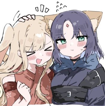Rule 34 | > <, 2girls, :d, :t, animal ears, blonde hair, blue hoodie, blush, cho kaguya-hime!, closed eyes, commentary request, facial mark, flying sweatdrops, forehead mark, fox ears, green eyes, hand on another's head, hand up, headpat, highres, hood, hoodie, kaguya (cho kaguya-hime!), long hair, looking at viewer, lop rabbit ears, mesugakisaikou, multiple girls, notice lines, open mouth, parted bangs, pout, purple hair, rabbit ears, sakayori iroha, short hair, simple background, smile, upper body, white background, xd