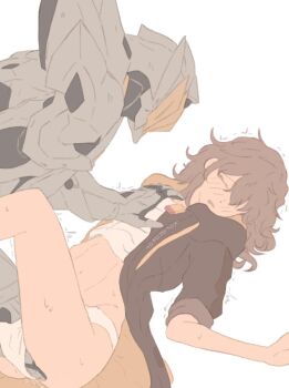 2girls armor artist_name black_armor black_jacket blush closed_eyes feet_out_of_frame fingering full_armor grey_armor grey_hair hair_between_eyes hand_on_another's_chest hashtag-only_commentary helmet honkai:_star_rail honkai_(series) jacket korshokor lapels legs_up long_sleeves lying mecha multicolored_armor multiple_girls on_back open_clothes open_jacket open_mouth panties power_armor pussy_juice robot sam_(honkai:_star_rail) shirt short_hair simple_background stelle_(honkai:_star_rail) sweat t-shirt trailblazer_(honkai:_star_rail) trembling two-sided_fabric two-sided_jacket underwear vaginal wavy_hair white_background white_panties white_shirt yellow_armor yellow_jacket yuri