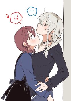 2girls absurdres bilingual_commentary black_overalls black_sweater blue_eyes blue_sweater blush brown_hair closed_eyes closed_mouth commentary earclip girls_band_cry habsida_(habsida_hpy) highres hug iseri_nina kawaragi_momoka korean_commentary long_hair low_twintails mixed-language_commentary multicolored_hair multiple_girls overalls roots_(hair) short_hair short_twintails sidelocks sweater twintails white_background yuri