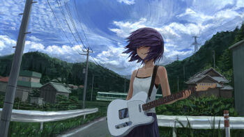Rule 34 | 1girl, absurdres, an yb, bare shoulders, blue skirt, blue sky, bush, camisole, cloud, cloudy sky, commentary, day, electric guitar, fender telecaster, floating hair, grass, guard rail, guitar, highres, holding, holding instrument, house, instrument, looking afar, looking ahead, mountain, original, outdoors, parted lips, power lines, purple eyes, purple hair, road, rural, short hair, skirt, sky, solo, tall grass, train, transmission tower, tree, untranslatable commentary, utility pole, white camisole