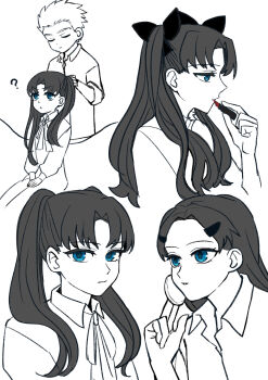 Rule 34 | 1boy, 1girl, ?, absurdres, applying makeup, applying own makeup, archer (fate), blue eyes, commentary request, cosmetics, fate/stay night, fate (series), greyscale, hair down, hair ornament, hairclip, highres, lipstick tube, monochrome, neck ribbon, nightgown, ohmoto 9, ribbon, spot color, tohsaka rin, two side up, tying another's hair