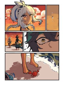 1boy 1girl animal arms_behind_back barefoot beach border braid close-up constricted_pupils crab crying crying_with_eyes_open dark-skinned_female dark_skin evening floating_hair fufu_(manga) genshin_impact green_eyes hairband headband highres kinich_(genshin_impact) long_hair mualani_(genshin_impact) multicolored_hair nail_polish orange_sky outdoors outside_border pain parody raised_inner_eyebrows scene_reference sky smile sohyun_24 standing symbol-shaped_pupils tears toenail_polish toenails toes twin_braids two-tone_hair water white_border