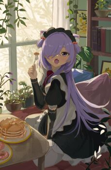 1girl animal_ear_fluff animal_ears apron between_legs black_dress black_sleeves book bookshelf commentary_request detached_sleeves donut dress fang food fork frilled_apron frills hair_bobbles hair_ornament hair_over_one_eye hand_between_legs highres holding holding_fork indoors kgt_(pixiv12957613) long_hair long_sleeves looking_at_viewer maid maid_apron maid_headdress open_mouth original pancake pancake_stack pantyhose plant plate potted_plant puffy_short_sleeves puffy_sleeves purple_eyes purple_hair short_sleeves solo table two_side_up venus_flytrap very_long_hair white_apron white_pantyhose window
