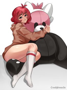 1girl antenna_hair artist_name borrowed_character brown_hoodie closed_mouth commentary condylonucla flipped_sidelocks highres hood hoodie hugging_object long_sleeves looking_at_viewer mole mole_under_eye no_shoes norra_(galaxykhy) original purple_eyes red_hair short_hair sitting smile socks solo stuffed_animal stuffed_toy thick_eyebrows thighs white_background white_socks