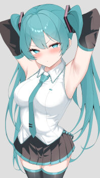 1girl absurdres aqua_eyes aqua_hair aqua_necktie aqua_trim armpits arms_behind_head arms_up black_skirt black_sleeves blush breasts collared_shirt commentary_request eikawa_suru grey_background hair_between_eyes hair_ornament hatsune_miku highres long_hair long_sleeves looking_at_viewer medium_breasts miniskirt necktie pleated_skirt presenting_armpit shirt simple_background skirt sleeveless sleeveless_shirt solo thighhighs tsurime twintails very_long_hair vocaloid white_shirt zettai_ryouiki