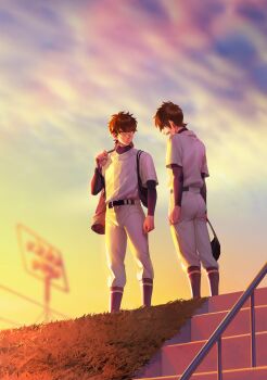 2boys ace_of_diamond baseball_uniform belt black_belt blue_socks brown_hair buttons cloud cloudy_sky commentary_request compression_shirt full_body goggles grass heise_wanbaolu highres holding_strap layered_sleeves long_sleeves looking_at_another male_focus miyuki_kazuya multiple_boys outdoors pants sawamura_eijun shirt_tucked_in short_hair short_over_long_sleeves short_sleeves sideburns sky socks socks_over_pants sportswear stairs standing sunset white_pants