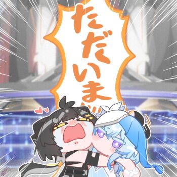 2girls black_hair blue_hair blue_veil bright_pupils cheek-to-cheek chibi chibi_only closed_eyes colored_eyelashes commentary_request crying female_rover_(wuthering_waves) heads_together heart highres hug long_hair looking_at_viewer low_ponytail multiple_girls no_mouth ponytail purple_eyes rover_(wuthering_waves) shorekeeper_(wuthering_waves) starblame streaming_tears tears two-tone_veil veil white_pupils white_veil wuthering_waves