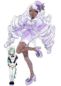 2girls apron ascot black_romper blunt_bangs blush bow bowtie braid braided_ponytail brown_eyes commentary_request dark-skinned_female dark_skin dress fascinator fishnet_pantyhose fishnets frilled_ascot frills gloves green_hair hair_ornament highres jacinthe_(pokemon) juliet_sleeves kate_jgk lebanne_(pokemon) long_braid long_hair long_sleeves looking_at_viewer low_drills maid maid_apron maid_headdress mega_stone multiple_girls nintendo open_mouth pantyhose pokemon pokemon_legends:_z-a puffy_sleeves purple_dress purple_eyes purple_hair romper simple_background smile thighhighs tsurime very_dark_skin waving white_background white_bow white_bowtie white_gloves white_thighhighs
