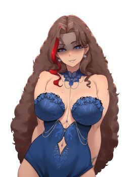 Rule 34 | 1girl, absurdres, arms behind back, bare shoulders, blue choker, blue eyes, blue gem, blue leotard, blush, breasts, brown hair, choker, clothing cutout, cowboy shot, earrings, eyeliner, eyes in shadow, flower trim, gem, highres, jewelry, large breasts, leotard, lingerie, long hair, looking at viewer, makeup, mole, mole on breast, mole on shoulder, mole under eye, multicolored hair, multiple moles, myth1carts, navel, navel cutout, nijisanji, nijisanji en, parted lips, plunging neckline, red eyeliner, red hair, second-party source, simple background, single hair streak, sisterguni, smile, solo, transparent background, two-tone hair, underwear, very long hair, virtual youtuber