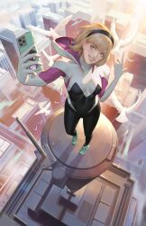 1girl bird black_bodysuit black_hairband blonde_hair blue_eyes bodysuit breasts building cellphone city day ejikure green_shoes grin gwen_stacy hairband highres holding holding_phone marvel multicolored_bodysuit outdoors phone pink_bodysuit selfie shoes skyscraper small_breasts smartphone smile sneakers solo spider-gwen spider-man_(series) standing superhero_costume white_bodysuit