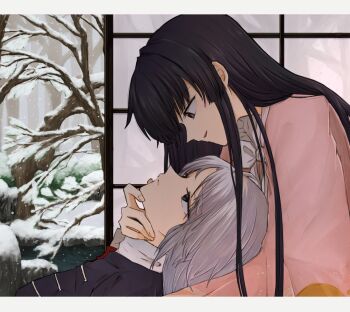 Rule 34 | 2girls, border, bow, bowtie, brown eyes, brown hair, closed mouth, collared shirt, commentary request, eye contact, frilled shirt collar, frills, grey hair, hand on another's chin, highres, houraisan kaguya, japanese clothes, letterboxed, long hair, looking at another, mochimo-cheese, multiple girls, open mouth, shirt, shouji, sliding doors, smile, snow, touhou, white border, white bow, white bowtie, winter, yagokoro eirin, yuri