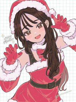 1girl bare_shoulders black_hair blush breasts christmas commentary_request detached_sleeves dress fur-trimmed_dress fur-trimmed_gloves fur-trimmed_headwear fur_trim gloves grey_eyes hat highres lida_(pokemon) long_hair looking_at_viewer natsun_(4869ntmmmmm) nintendo open_mouth pokemon pokemon_legends:_z-a red_dress red_gloves red_hat santa_costume santa_dress santa_hat smile solo