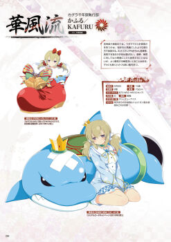 Rule 34 | 1girl, artbook, bell, blonde hair, bow, breasts, character name, christmas stocking, crown, dolphin, dress, emblem, fang, floral background, fur-trimmed socks, game cg, hair bow, hair ornament, highres, in sock, kafuru (senran kagura), kneeling, large bow, light frown, looking at viewer, low twintails, luka (senran kagura), medium breasts, medium hair, mini crown, non-web source, official art, page number, purple eyes, red bow, ribbon, senran kagura, senran kagura new wave, short twintails, solo, sparkle, sweatdrop, translated, twintails, whistle, yellow pupils