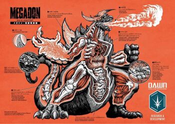 13am_games anatomy biology bone brain breath_weapon breathing_fire character_name character_profile chart claws cross-section dawn_of_the_monsters diagram elemental_(creature) fangs fire fire_elemental glowing heart horns japanese_text kaiju lava lava_elemental matt_frank megadon monster muscle_fiber muscular muscular_male nephilim_(dawn_of_the_monsters) no_humans official_art open_mouth organs production_art ribs science science_fiction skeleton spikes stomach tail teeth veins wayforward x-ray