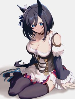 1girl animal_ears black_hair black_thighhighs blue_eyes bodice breasts choker cleavage commentary_request detached_sleeves dirndl eishin_flash_(meisterschaft)_(umamusume) eishin_flash_(umamusume) full_body german_clothes grey_background hair_between_eyes highres horse_ears horse_girl horse_tail iwashi_111 looking_at_viewer red_choker shoes simple_background smile solo tail thighhighs umamusume