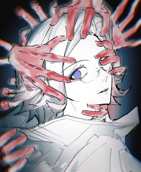 1boy absurdres aotsuki_eito black_background chinese_commentary colored_skin commentary_request disembodied_hand glasses grey_hair hand_on_another&#039;s_face hand_on_another&#039;s_head hand_on_another&#039;s_neck highres horror_(theme) jacket looking_at_viewer male_focus one_eye_covered parted_lips portrait purple_eyes reaching reaching_towards_another semi-rimless_eyewear short_hair solo teeth the_hundred_line_-last_defense_academy- upper_teeth_only white_jacket white_skin xlingshix