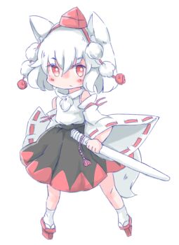 animal_ear_fluff animal_ears black_skirt blush closed_mouth commentary detached_sleeves geta hair_between_eyes hat highres holding holding_sheath inubashiri_momiji light_frown long_sleeves medium_hair pom_pom_(clothes) red_eyes red_hat red_ribbon red_shoes red_skirt ribbon ribbon-trimmed_sleeves ribbon_trim satorichan scabbard sheath shirt shoes simple_background skirt socks tail tengu-geta tokin_hat touhou two-tone_skirt v-shaped_eyebrows white_background white_hair white_shirt white_socks wide_sleeves wolf_ears wolf_girl wolf_tail