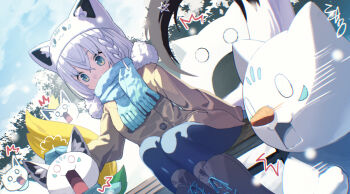 1girl alternate_costume animal_ears aqua_eyes bench black_pantyhose blue_mittens blue_scarf blush boots braid brown_coat buttons character_hat coat commentary_request creature crossed_bangs double-breasted double-parted_bangs enpera fox_ears fox_hat fubuzilla_(shirakami_fubuki) hair_between_eyes hololive knee_boots lace-up_boots long_hair long_sleeves looking_at_creature mittens on_bench outdoors pantyhose park_bench petting scarf shirakami_fubuki side_braid sitting snow solo sukonbu_(shirakami_fubuki) tokumaro virtual_youtuber white_hair winter_clothes