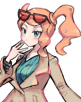 1girl aqua_eyes aqua_shirt black-framed_eyewear breasts brown_coat coat collarbone eyewear_on_head hair_ornament heart heart_hair_ornament highres medium_breasts nataro_1116 nintendo orange-tinted_eyewear orange_hair pokemon pokemon_swsh ribbed_shirt shirt side_ponytail side_ponytail_with_hair_base sketch solo sonia_(pokemon) sunglasses swept_bangs tinted_eyewear upper_body v-neck