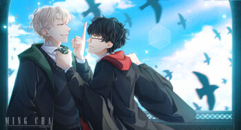 2boys angry artist_name bird black_hair black_robe blonde_hair blue_eyes clenched_teeth cloud day draco_malfoy english_text face-to-face flying glasses green_eyes gryffindor harry_potter harry_potter_(series) height_difference hogwarts_school_uniform hood looking_at_another male_focus middle_finger ming_cha multiple_boys necktie parted_lips profile robe school_uniform short_hair silhouette sky slytherin smile striped_necktie teeth upper_body vest wizarding_world