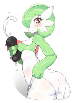 1girl alternate_color ass blush breasts colored_skin covered_erect_nipples covered_navel diamond_(shape) dress female_focus from_side gardevoir gen_3_pokemon gen_7_pokemon hair_over_one_eye hand_on_own_hip liquid looking_at_viewer nintendo no_panties pingqiong_xiansheng pokemon pokemon_(creature) pokemon_sm pyukumuku red_eyes sexually_suggestive shiny_skin short_hair sideboob simple_background small_breasts smile solo squeezing standing tears thighs white_background white_skin