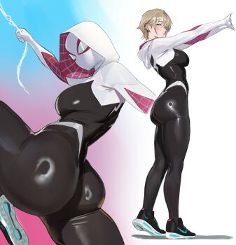 1girl animification blonde_hair blue_eyes bodysuit breasts commentary highres hood hooded_bodysuit marvel mask medium_breasts mugi_(mugit49) nike_(company) shoes short_hair skin_tight smile sneakers solo spider-gwen spider-man_(series) spider-verse spider_web_print superhero_costume