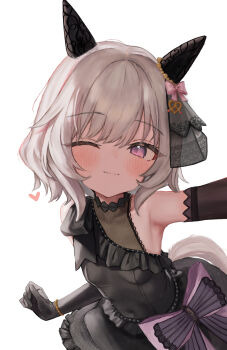 1girl absurdres animal_ears black_dress blush breasts commentary_request curren_chan_(umamusume) dress elbow_gloves gloves h.yasai highres horse_ears horse_girl horse_tail looking_at_viewer official_alternate_costume one_eye_closed purple_eyes simple_background small_breasts solo tail umamusume white_background