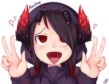 ahegao arachne arthropod_girl black_hair breasts broodmother_(dota) clothes dota_(series) english_text gradient_hair hair_over_one_eye heart hood hood_up hoodie horns insect_girl long_sleeves monster_girl multicolored_hair rabbitbrush red_eyes red_hair saliva saliva_trail spider_girl taur tears tongue tongue_out v white_background
