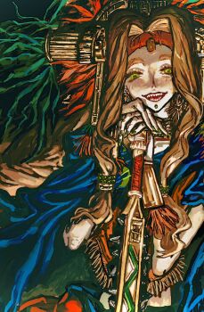 1girl aztec biioon blonde_hair chin_piercing club club_(weapon) face_piercing fate/grand_order fate_(series) green_eyes green_nails hand_on_hilt headdress highres jewelry labret_piercing long_hair looking_at_viewer open_mouth piercing poncho quetzalcoatl_(fate) sharp_teeth smile solo spiked_club teeth upper_body weapon