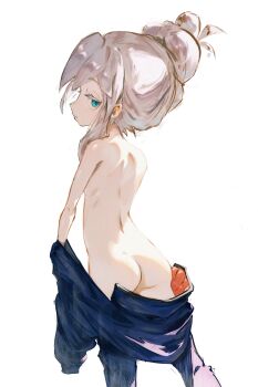 1girl absurdres ass bare_back blue_eyes cturne deux_murasame dressing expressionless from_behind grey_hair gundam gundam_gquuuuuux highres loli looking_at_viewer looking_back mecha_pilot_suit normal_suit_(gundam) simple_background solo updo white_background