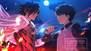 Rule 34 | 2boys, absurdres, black eyes, black hair, black shirt, black sleeves, chinese clothes, cloud, cloudy sky, coat, coat on shoulders, commentary request, curtained hair, fire, floating clothes, fur-trimmed coat, fur trim, glint, gloves, hair over eyes, highres, holding, holding knife, jacket, kishima kouma, knife, medium hair, moon, multicolored jacket, multiple boys, muscular, muscular male, nanatsu-yoru, night, outdoors, shirt, short hair, sky, sleeveless, sleeveless shirt, stare down, tangzhuang, tight clothes, tree, tsubaki9124, tsukihime, tsukihime (remake), twitter username, two-tone jacket, upper body, watermark, white coat, white jacket