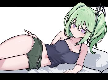 1girl armpit_crease bare_arms bare_shoulders black_border black_camisole border breasts bright_pupils camisole cleavage closed_mouth collarbone commentary_request cowboy_shot dot_mouth dot_nose drawstring green_hair green_shorts hair_between_eyes hair_ornament hand_on_own_hip head_tilt korean_commentary legs legs_together light_blush looking_at_viewer lying medium_breasts medium_hair midriff navel on_side pink_eyes short_shorts shorts sidelocks simple_background solo stellive thighs twintails virtual_youtuber white_background white_pupils white_trim wingcat yuzuha_riko