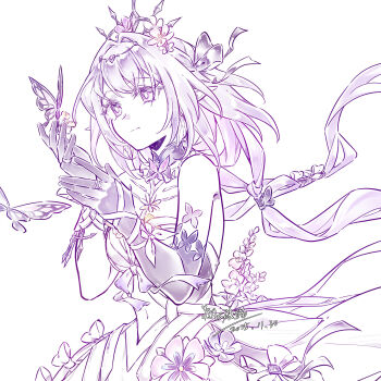 1girl absurdres asymmetrical_gloves bare_shoulders breasts bright_pupils bug butterfly butterfly_on_hand castorice_(honkai:_star_rail) closed_mouth commentary_request dated dress floating_hair gloves hands_up highres honkai:_star_rail honkai_(series) insect light_smile long_hair looking_at_animal low_twintails medium_breasts purple_butterfly purple_eyes purple_hair signature simple_background solo twintails uneven_gloves upper_body very_long_hair white_background white_dress white_pupils yizhixiaopomao